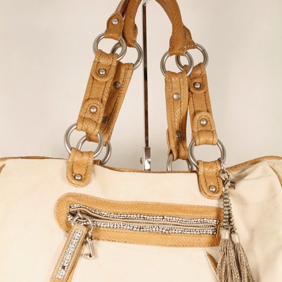 JUICY COUTURE Beige Velour Satchel, Large, Rhinestones, Tassel, Gently Used - Picture 5 of 16